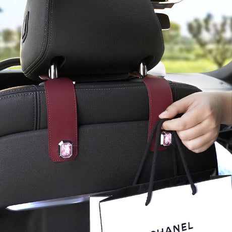 Grey Car Multi-Functional PU Leather Hook with Crystal Decoration – Hidden Storage Hook for Front and Rear Seats (Set of 2)