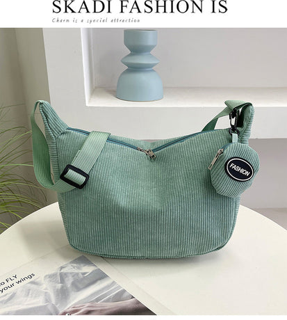 Green Minimalist Corduroy Crossbody Bag – Large Capacity Single Shoulder & Diagonal Sling Bag in Korean Style