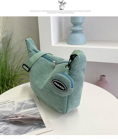 Green Minimalist Corduroy Crossbody Bag – Large Capacity Single Shoulder & Diagonal Sling Bag in Korean Style