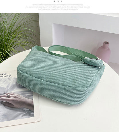 Green Minimalist Corduroy Crossbody Bag – Large Capacity Single Shoulder & Diagonal Sling Bag in Korean Style