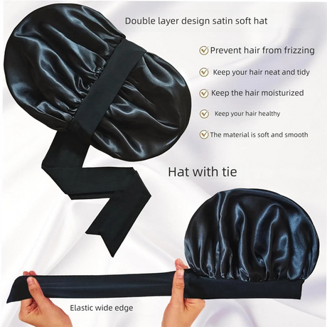 2 Pcs Black Double-Layer Satin Hair Cap with Ribbon Bow – Premium Silk-Like Beauty & Hair Protection Hat