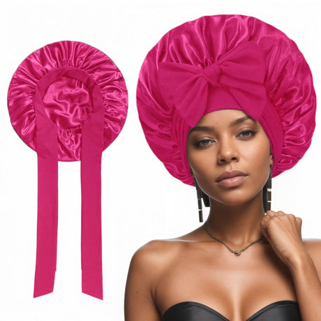 2 Pcs Dark Pink Double-Layer Satin Hair Cap with Ribbon Bow – Premium Silk-Like Beauty & Hair Protection Hat