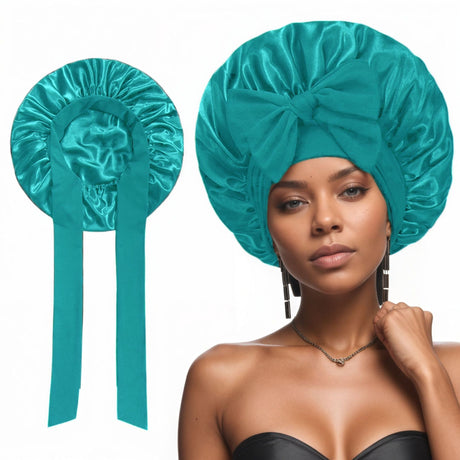 2 Pcs Lake Blue Double-Layer Satin Hair Cap with Ribbon Bow – Premium Silk-Like Beauty & Hair Protection Hat