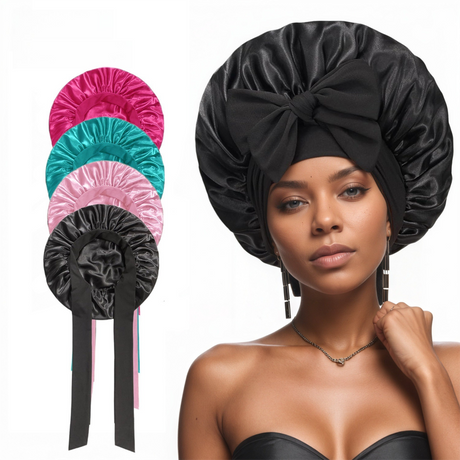 2 Pcs Lake Blue Double-Layer Satin Hair Cap with Ribbon Bow – Premium Silk-Like Beauty & Hair Protection Hat