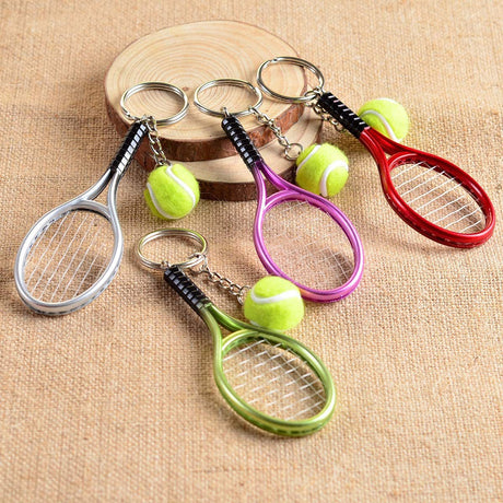 Grey Simulation Tennis Racket Keychain – Mini Tennis Racket and Ball Pendant, 3-Pack