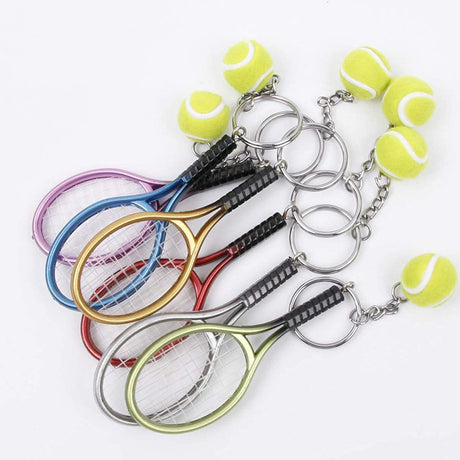 Blue Simulation Tennis Racket Keychain – Mini Tennis Racket and Ball Pendant, 3-Pack