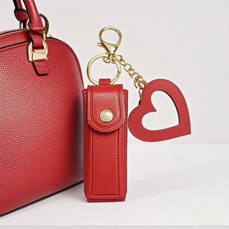 Red Portable Lipstick Case with Heart Mirror & Keychain – Cute PU Leather Holder (3-Pack)