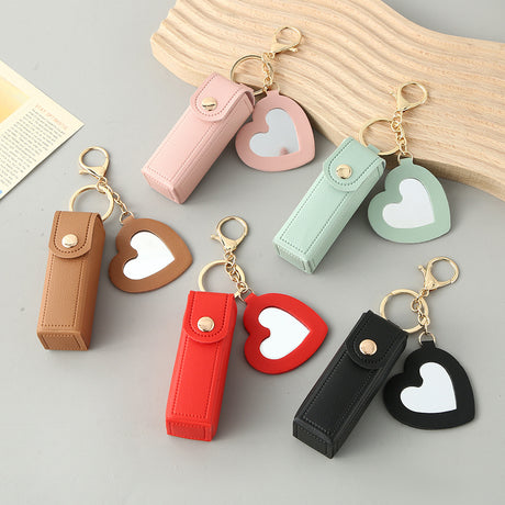 Brown Portable Lipstick Case with Heart Mirror & Keychain – Cute PU Leather Holder (3-Pack)
