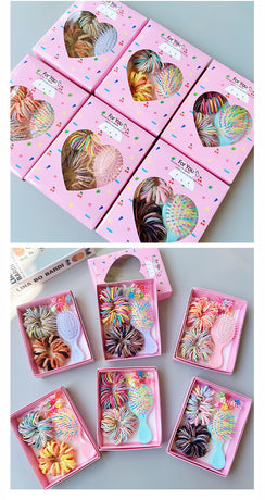 Style 2 Boxed Hair Tie Set with Pink Rubber Bands, Cute Hair Accessories & Mini Comb – Perfect Gift for Girls
