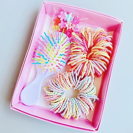 Style 4 Boxed Hair Tie Set with Pink Rubber Bands, Cute Hair Accessories & Mini Comb – Perfect Gift for Girls