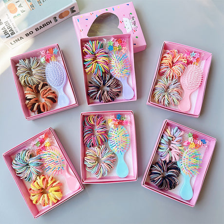 Style 6 Boxed Hair Tie Set with Pink Rubber Bands, Cute Hair Accessories & Mini Comb – Perfect Gift for Girls