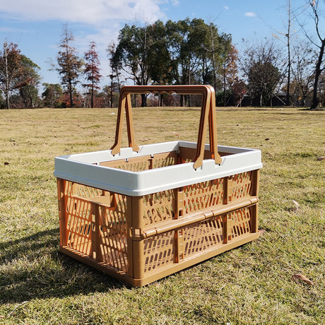 Large Collapsible Storage Basket with Handles - Portable Folding Crate for Shopping, Picnics & Car Trunk(Brown )