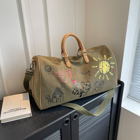 Large Capacity Canvas Travel Duffel Bag with Doodle Print - Weekend & Gym Tote(Green)