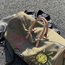Large Capacity Canvas Travel Duffel Bag with Doodle Print - Weekend & Gym Tote(Coffee)