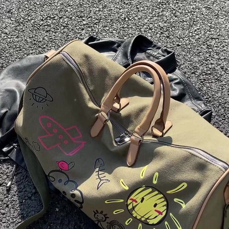 Large Capacity Canvas Travel Duffel Bag with Doodle Print - Weekend & Gym Tote(Coffee)