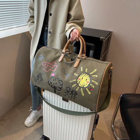 Large Capacity Canvas Travel Duffel Bag with Doodle Print - Weekend & Gym Tote(Coffee)