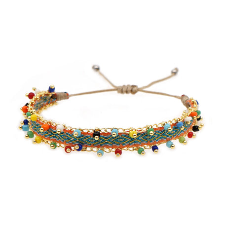 Green Style Artisan Boho Beaded Bracelet - Handmade Woven Friendship Band with Gold-Plated Chain