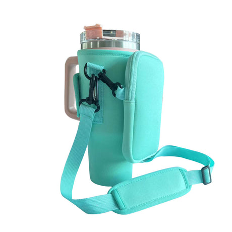 Green Crossbody Tumbler Carrier with Detachable Wallet Pouch and Adjustable Strap