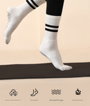 White (3-Pack) Unisex Striped Non-Slip Grip Socks - Cotton Crew Socks for Yoga, Pilates & Home Workouts