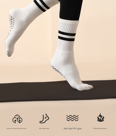 White (3-Pack) Unisex Striped Non-Slip Grip Socks - Cotton Crew Socks for Yoga, Pilates & Home Workouts
