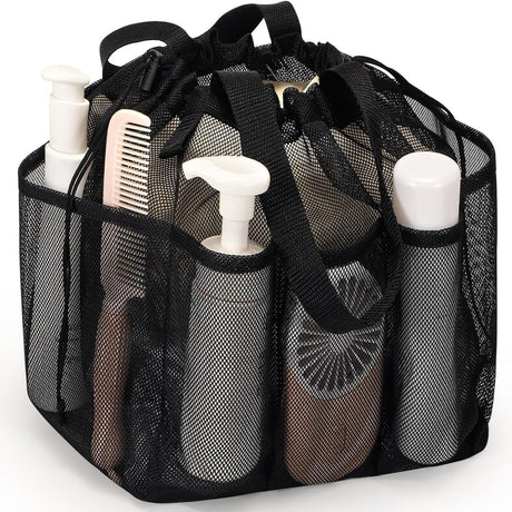 Black Large Multi-Pocket Mesh Beach Tote Bag - Quick-Dry Travel & Gym Organizer with Drawstring Closure