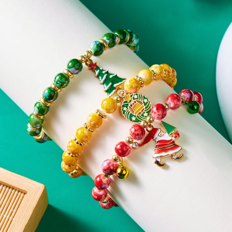 (12-Pack) Festive Christmas Beaded Charm Bracelet Set- Santa, Snowman & Reindeer Jewelry