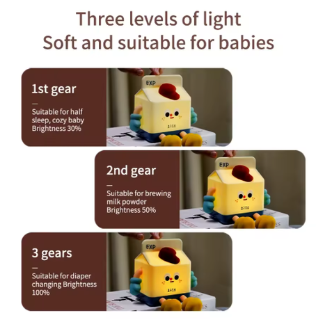 Adorable Milk Carton LED Night Light - USB Rechargeable Silicone Lamp with Tap Control, Timer & 3 Brightness Levels