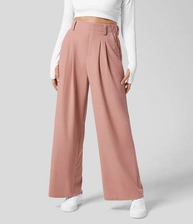 L Pink Drapey High-Waist Wide-Leg Trousers - Loose Fit Casual Long Pants for Women