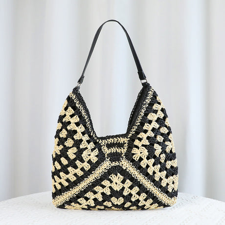 Black Stylish Woven Shoulder Bag - Fashionable Versatile Handbag & Crossbody Straw Beach Tote (39x27x39 cm)