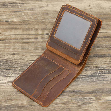 Dark Brown Men's Crazy Horse Leather Wallet - Genuine Leather Bifold Card Holder, Retro Rugged Top-Grain Cowhide (11.5x2x9.5 cm, 120g)