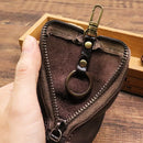 Red Vintage Top-Grain Cowhide Key Pouch - Men's Large Capacity Waist-Mounted Retro Key Holder (11x6x6 cm)