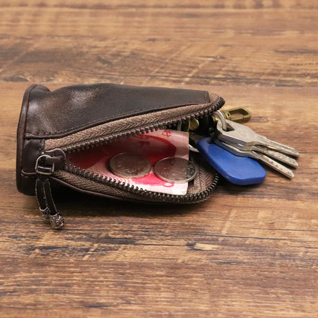 Black Vintage Top-Grain Cowhide Key Pouch - Men's Large Capacity Waist-Mounted Retro Key Holder (11x6x6 cm)