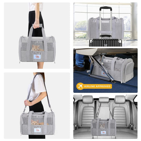 Black Large Cat & Small Dog Carrier - Soft-Sided, Foldable & Breathable Pet Travel Bag (43x30x28 cm)