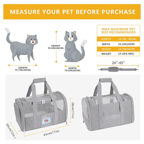 Black Large Cat & Small Dog Carrier - Soft-Sided, Foldable & Breathable Pet Travel Bag (43x30x28 cm)