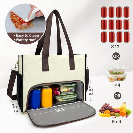 Black Large Capacity Insulated Lunch Tote Bag with Shoulder Strap Leakproof Cooler Handbag Multi-Pocket Work Organizer for Office and Picnics