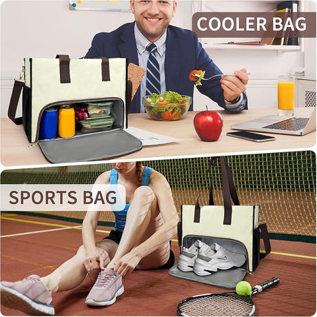 Black-brown Large Capacity Insulated Lunch Tote Bag with Shoulder Strap Leakproof Cooler Handbag Multi-Pocket Work Organizer for Office and Picnics