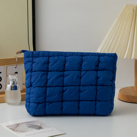 Blue 2 Pack Quilted Puffer Clutch Bag Set Checkered Makeup Pouch Women Fashion Cosmetic Organiser for Travel and Daily Use