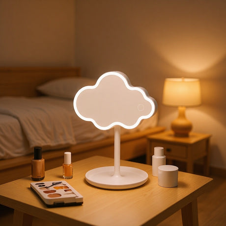 Blue Cute Cloud Shaped LED Makeup Mirror Desktop Vanity Light with Storage Tray 360 Rotation Cordless Cosmetic Beauty Tool
