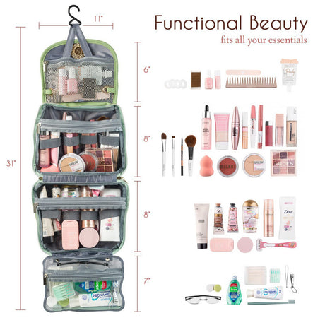 Beige Large Hanging Toiletry Bag Waterproof Travel Cosmetic Organiser with Sturdy Hook 4 Compartments Makeup Wash Case for Women and Men