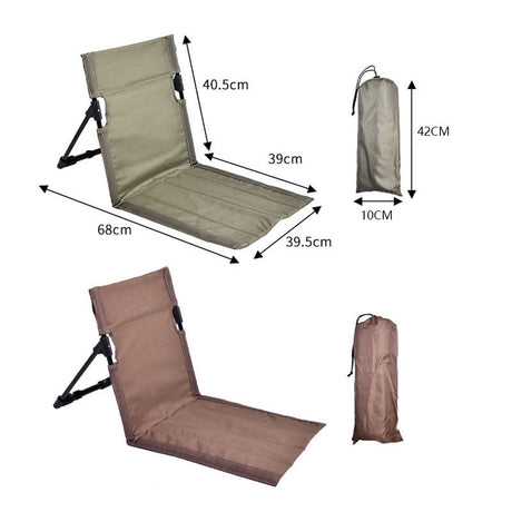 Brown Portable Outdoor Ground Chair with Back Support Folding Beach Mat Seat Lightweight Aluminium Frame for Camping Festivals and Picnics