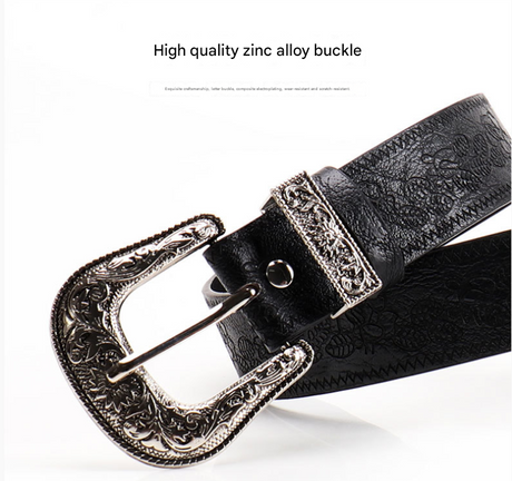 Black Women's Western Style Embossed Belt 2 Pack Vintage PU Leather Waistband with Antique Silver Buckle for Jeans and Dresses Y2K Fashion