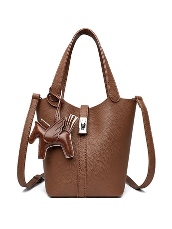 Brown Women's Small PU Leather Bucket Bag with Secure Lock and Horse Charm - 20cm Compact Crossbody Handbag for Everyday Use