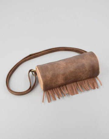 Boho Ethnic PU Leather Cylindrical Crossbody Bag with Embroidery and Fringe - 21cm Vintage Retro Drum Bag for Daily Use