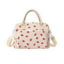 Beige Women's Large Corduroy Lunch Bag Insulated Thermal Tote Strawberry Print with Shoulder Strap for Work School & Picnics