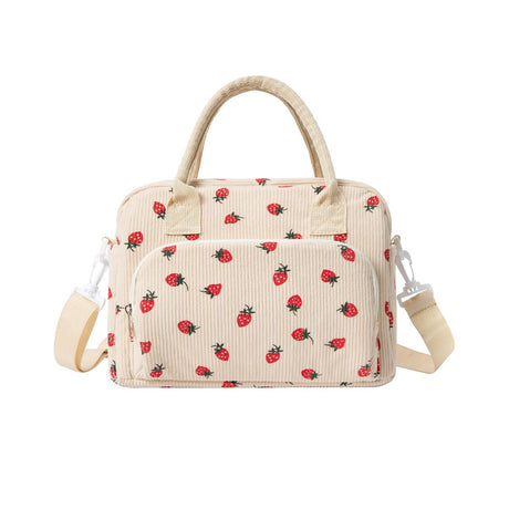 Beige Women's Large Corduroy Lunch Bag Insulated Thermal Tote Strawberry Print with Shoulder Strap for Work School & Picnics