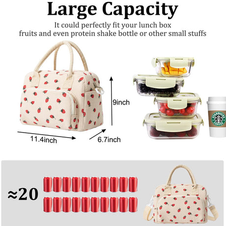 Beige Women's Large Corduroy Lunch Bag Insulated Thermal Tote Strawberry Print with Shoulder Strap for Work School & Picnics