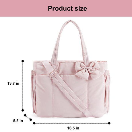 Brown Women's Quilted Puffer Tote Bag Large Capacity Lightweight Bow Handbag with Shoulder Strap 42cm for Gym Travel & Baby Care