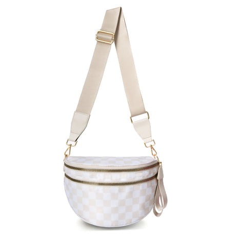 White-and-beige Checkered Pattern Women's Large Crescent Crossbody Bag Lightweight Oxford Cloth Shoulder Sling Purse Adjustable Strap for Travel Gym & Daily Use