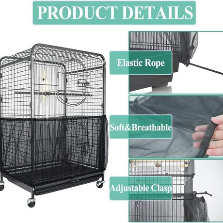 L White【Height 30, Circumference 220】 Large Bird Cage Seed Catcher Net Cover - Adjustable Mesh Guard Splash-Proof Dust Cover for Indoor Outdoor Cages