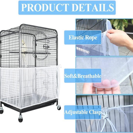 L White【Height 30, Circumference 220】 Large Bird Cage Seed Catcher Net Cover - Adjustable Mesh Guard Splash-Proof Dust Cover for Indoor Outdoor Cages
